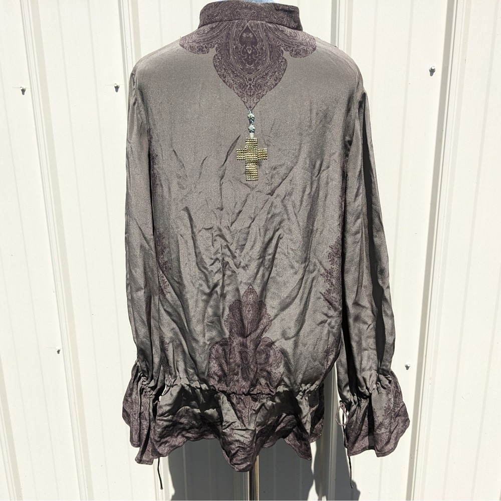 Camilla Embellished Silk Tunic Blouse L Gothic Studded Beaded Rosary Cross FLAW - Picture 5 of 16